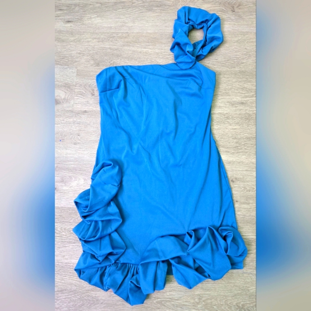 Blue One-Shoulder Ruffle Dress